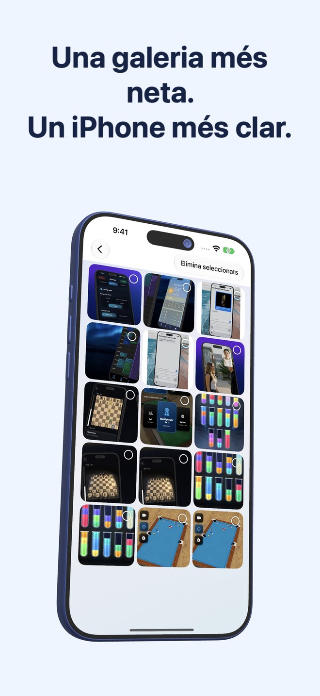 Fastest Screenshot Cleaner a l’iPhone mostrant una galeria de captures amb miniatures seleccionables.