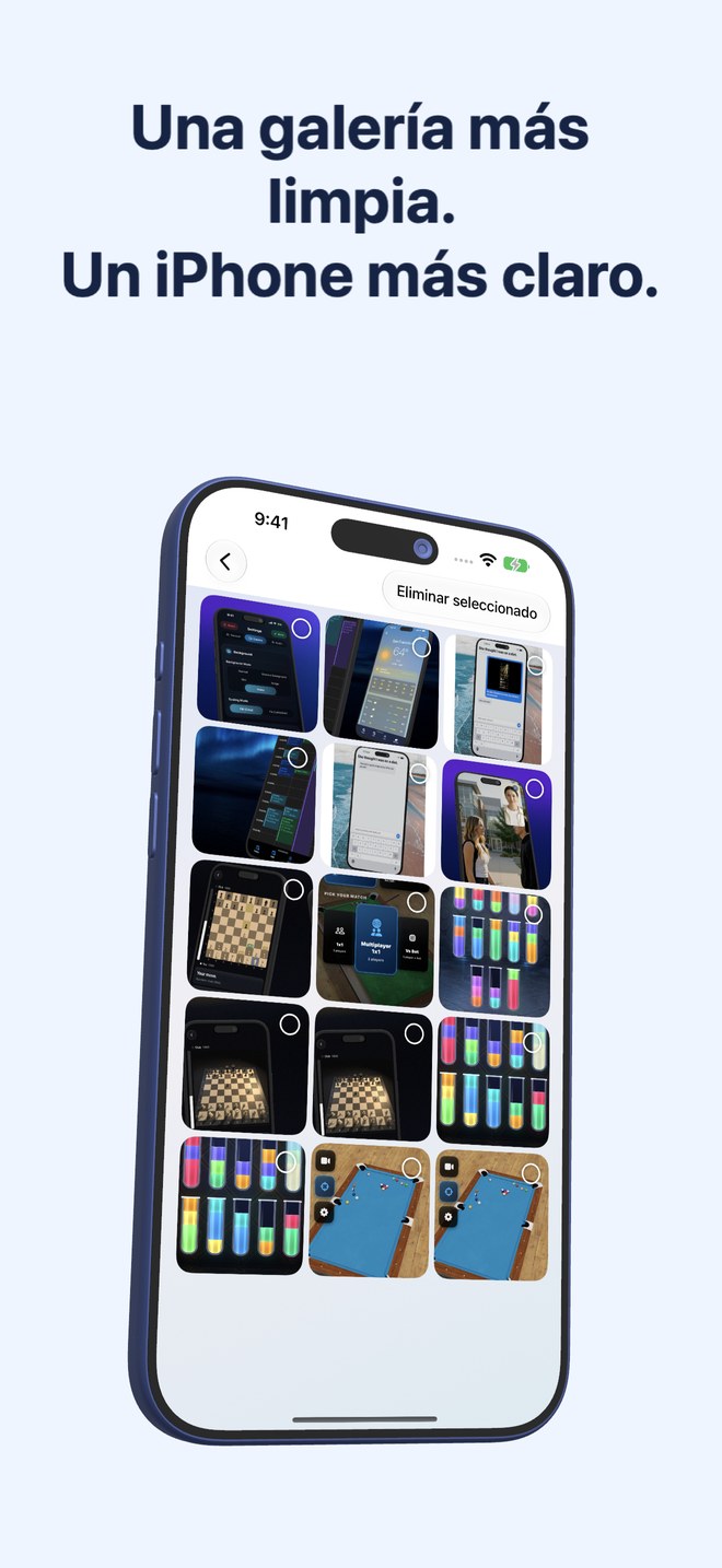 Fastest Screenshot Cleaner en iPhone mostrando una galería de capturas con miniaturas seleccionables.