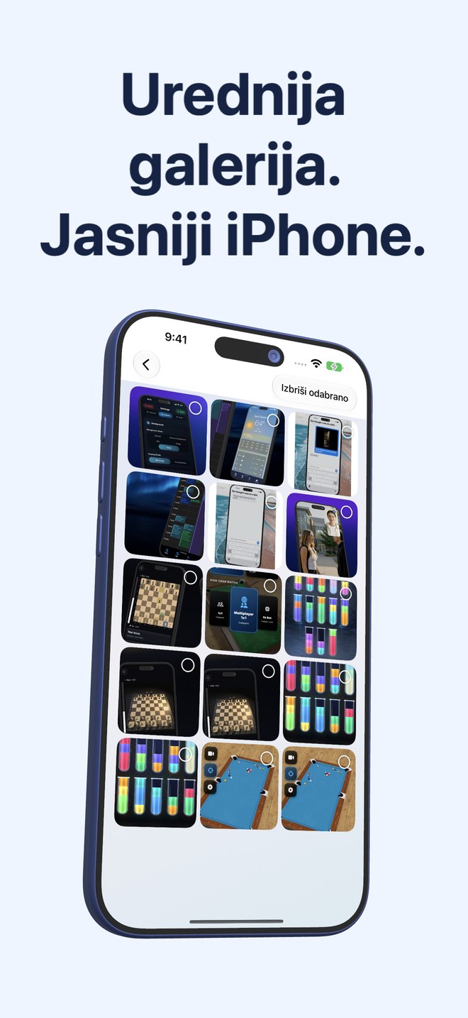 Fastest Screenshot Cleaner na iPhoneu prikazuje galeriju snimki zaslona s odabirnim sličicama.
