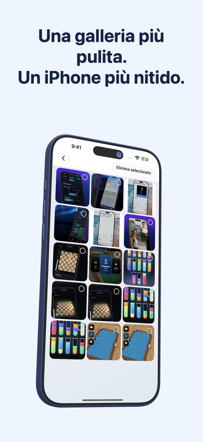 Fastest Screenshot Cleaner su iPhone mostra una galleria di screenshot con miniature selezionabili.