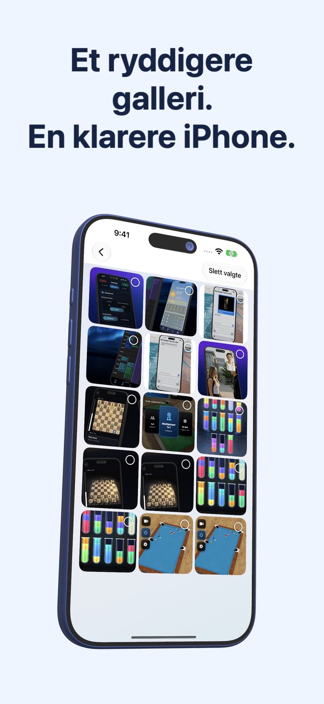 Fastest Screenshot Cleaner på iPhone viser et galleri med skjermbilder og valgbare miniatyrbilder.
