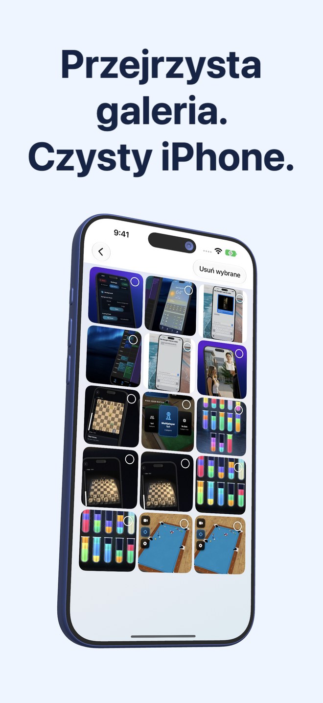 Fastest Screenshot Cleaner na iPhone pokazujący galerię zrzutów z miniaturami do zaznaczania.