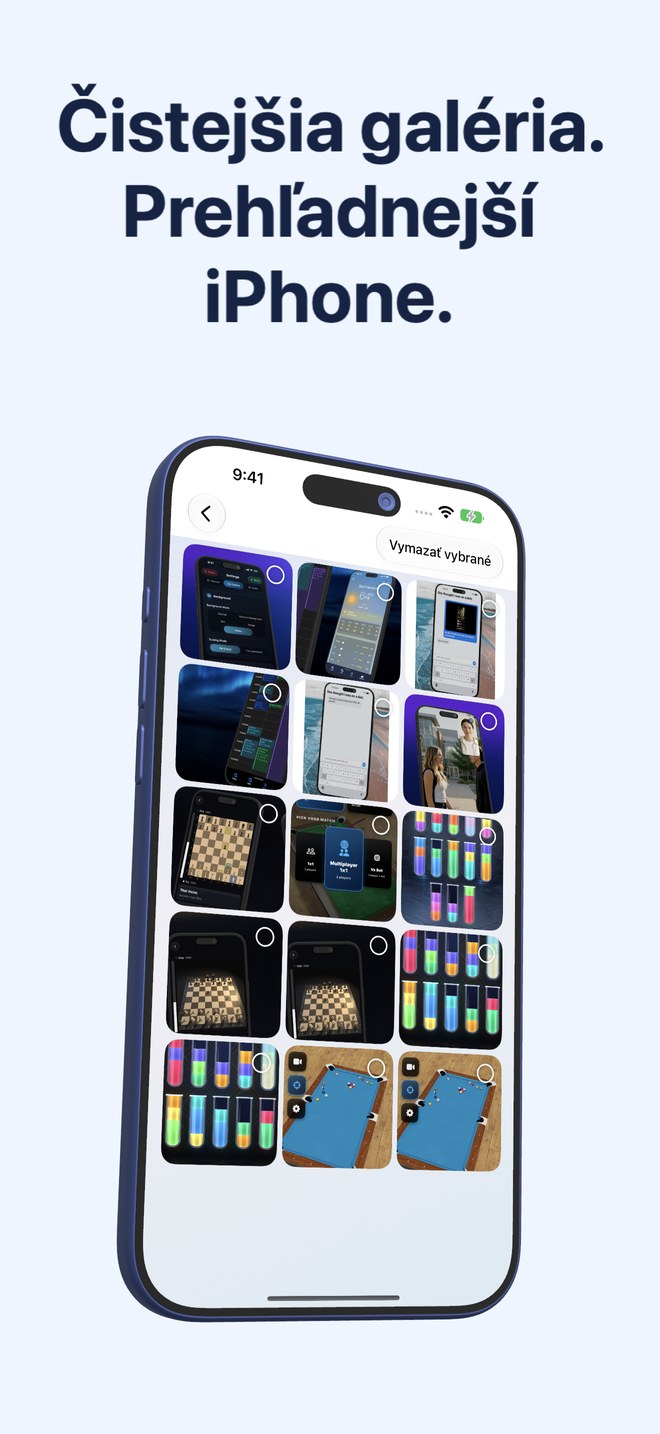 Fastest Screenshot Cleaner na iPhone zobrazuje galériu screenshotov s možnosťou výberu náhľadov.