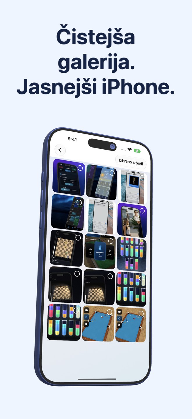 Fastest Screenshot Cleaner na iPhonu prikazuje galerijo posnetkov zaslona z izbirnimi sličicami.