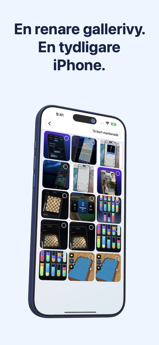 Fastest Screenshot Cleaner på iPhone visar en skärmbildsgalleri med valbara miniatyrer.